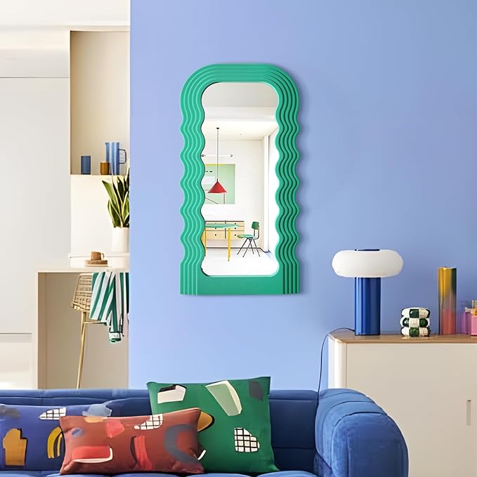 Irregular Wall Mirror Living Room Decor, 14x28 Arched Decorative Mirrors with Flocking Touch, Large Modern Wavy Mirror for Hallway Entryway Staircase, Over the Bed Wall Art Decoration (Green)