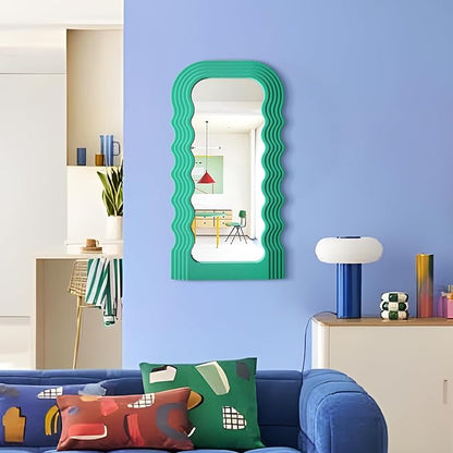 Irregular Wall Mirror Living Room Decor, 14x28 Arched Decorative Mirrors with Flocking Touch, Large Modern Wavy Mirror for Hallway Entryway Staircase, Over the Bed Wall Art Decoration (Green)