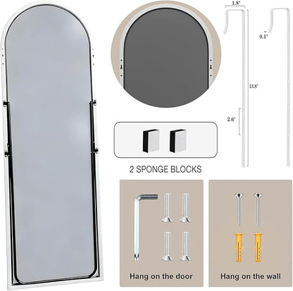 Dewfig Door Mirror with Stand, Arched Full Length Mirrors Over The Door, 16"x 50" Hanging or Wall Mirror, Full Body Mirrors for Bedroom,Living Room,White