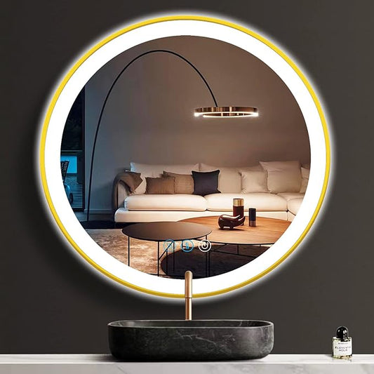 24 Inch Gold Bathroom Round LED Mirror with Lights Gold Frame Round Lighted Mirror for Bathroom Wall Round Vanity Lighted Mirrors 3 Color Dimmable Anti Fog Bathroom Circle Light up Smart Mirror