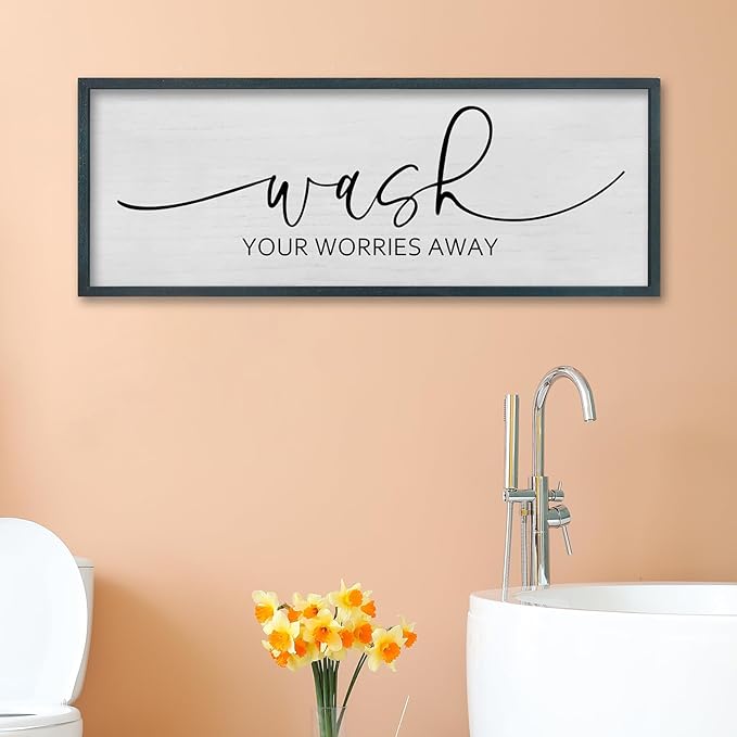 FZMHASLWW Funny Laundry Room Bathroom Wall Decor Wash Your Worries Away Sign 32"×12" Inspirational Quote Art for above the Bathtub Restroom Large Minimalist Wood Framed Hanging Plaqu (Black)
