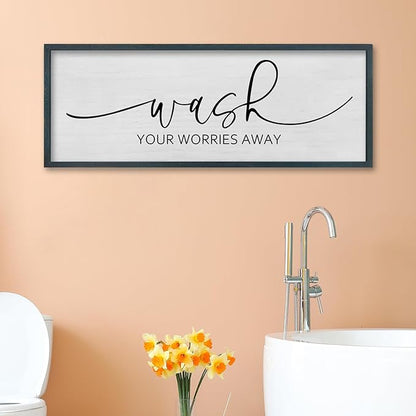 FZMHASLWW Funny Laundry Room Bathroom Wall Decor Wash Your Worries Away Sign 32"×12" Inspirational Quote Art for above the Bathtub Restroom Large Minimalist Wood Framed Hanging Plaqu (Black)