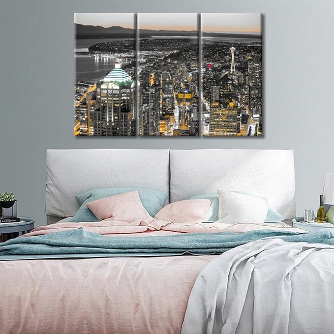 TUMOVO 3 Pieces Downtown Seattle Skyline in Seattle Washington USA Black and White Wall Art Skyscrapers Artwork Bathroom Decor Wall Art Print on Canvas Ready to Hang (36" Wx24 H)