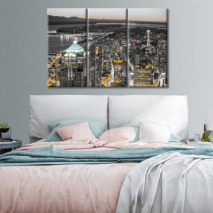 TUMOVO 3 Pieces Downtown Seattle Skyline in Seattle Washington USA Black and White Wall Art Skyscrapers Artwork Bathroom Decor Wall Art Print on Canvas Ready to Hang (36" Wx24 H)