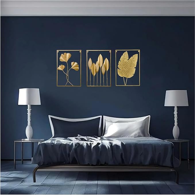GSANMU Modern Metal leaf Wall Decor - 3 Pcs Yellow Large Hanging Wall Art Home Nature Decor for Indoor,Living Room, Office and Hotel 23.6×15.7 inch