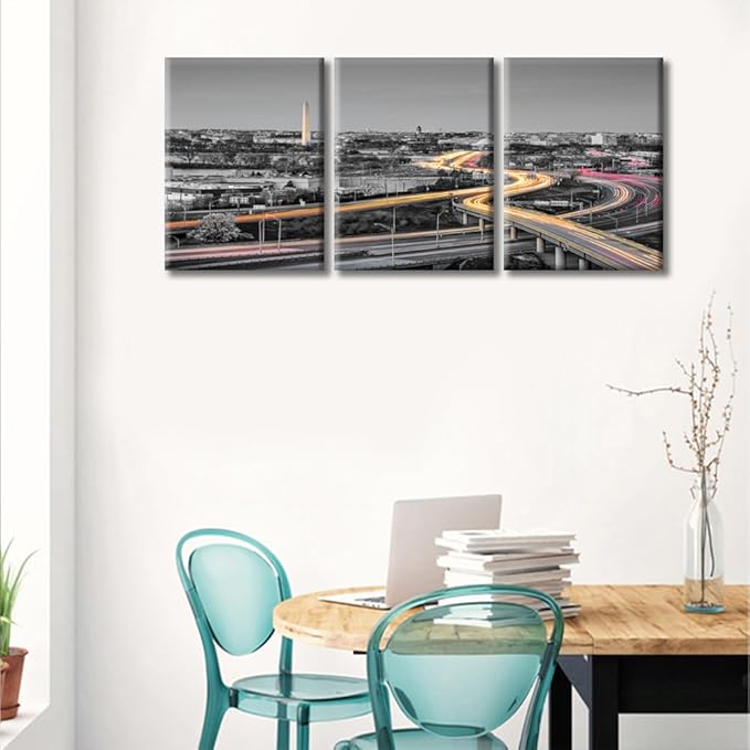 3 Pieces Washington DC Skyline Wall Decor for Living Room American Cityscape Artwork Wall Decor for Bedroom Giclee Wooden Framed Gallery-Wrapped Ready to Hang (36" Wx16 H)