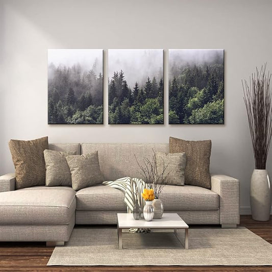 Pacimo Canvas Wall Art Fog Over Pine Tree Forest Nature Wilderness Photography Modern Art Rustic Landscape Relax/Calm Cool for Wall Decor Giclee Artwork Stretch Framed Ready to Hang - 12"x16"x3