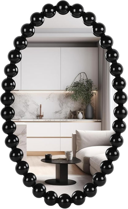 Oval Round Wall Mirror - 30 Inch Decorative Framed Bathroom/Living Room Accent Mirror with Beaded Ball Trim - Vintage Modern Style (Black/White/Gold) (Black)
