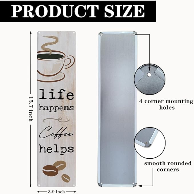 Vintage Coffee Signs, Life Happens Coffee Helps, Retro Metal Tin Sign, Inspirational Coffees Wall Art, Farmhouse Decorations for Cafe, Decorative Metal Wall Signs 15.8x4 Inches