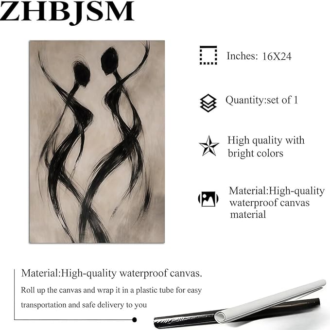Abstract Dancer Wall Art Modern Black Brushstroke Figure Silhouette Elegant Minimalist Neutral Tone Home Living Room Bedroom Entryway Sophisticated Artistic Interior Decor Statement Piece 16x24 Inch Unframed