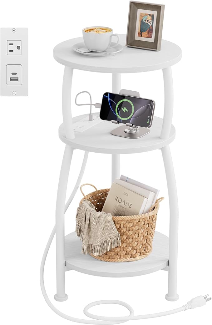 Round Side Table with Power Outlet & USB Ports, 3-Tier End Table with Storage Shelf, Modern Rustic Nightstand, Small Spaces Accent Table for Living Room Bedroom, Easy Assembly, White