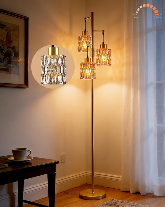 3-Light Modern Glass Floor Lamp, Gold Standing Tall Lamp with Amber Cylinder Glass Shade for Reading, Dimmable LED Floor Lamp with 5Lbs Heavy Base for Living Room Bedroom Home Decor, Bulb Included