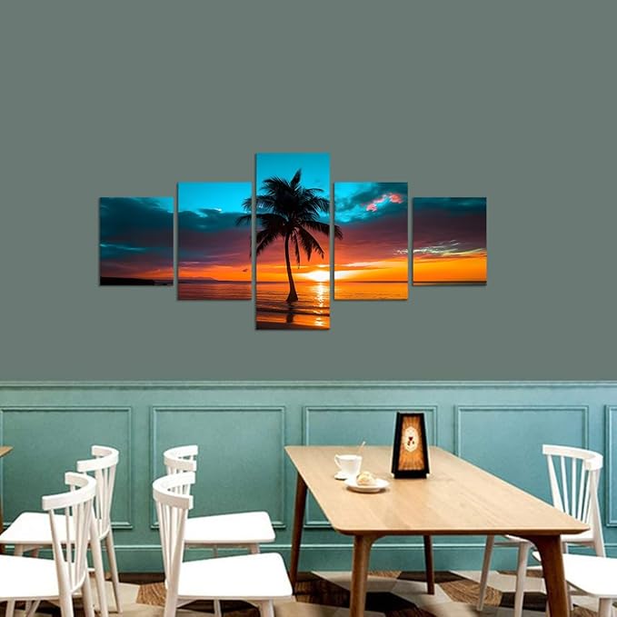 Yatsen Bridge 5 Panels Beach Wall Art for Living Room Sunset Palm Trees Landscape Pictures Canvas Prints Artwork Seascape Wall Decor Wooden Framed Ready to Hang - 50''W x 24''H