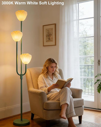 Lightdot 66IN Flower Floor Lamp 3-Lights Vintage Floor Lamps with Bulbs Included for Wedding Party Modern Dimmable Green Standing Tall Lamp with 5Lbs Heavy Base for Living Room/Bedroom/Home Decor