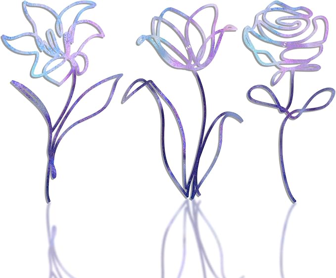 Oubasa 3 Pieces Metal Flowers Wall Arts Decor, Rustic Farmhouse Metal Wall Art Purple Minimalist Floral Decor for Bathroom Kitchen Bedroom Living Room, 6x10 Inches - Housewarming Gifts