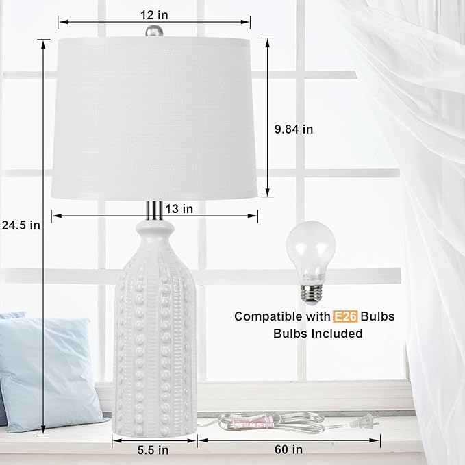 JUNNAI White Ceramic Table Lamp 24.5": 3-Way Dimmable Bedside Lamp with White Drum Slub Shade, Modern Nightstand Lamp for Bedroom & Living Room (Bulb Included)