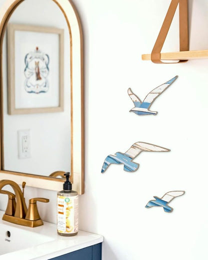 Putuo Decor 3pcs Wood Nautical Decor Seagull Wall Decor Nautical Coastal Theme Wall Art Adhesive Seagull Wall Sculpture Sea Birds Lake House Ocean Decoration Vintage Ornaments For Home Bathroom