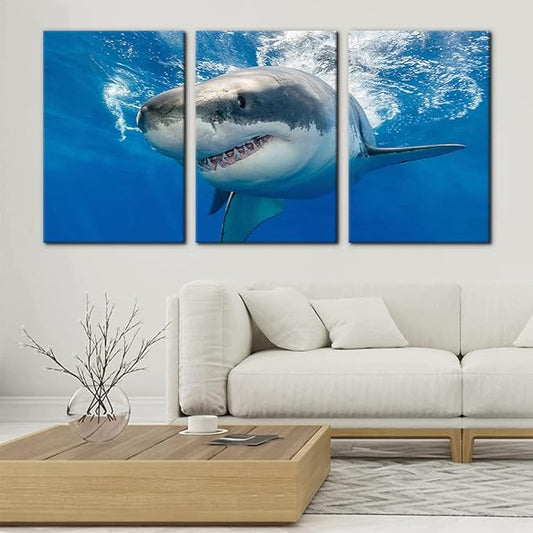 3 Piece Blue Wall Art Painting Great White Shark Catching Fish At Guadalupe Island Pictures Prints on Canvas Animal The Picture Decor for Home Modern Decoration for Living Room - 16"x24"x3 Panels