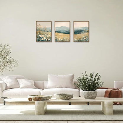 KISSFOX 3 Piece Framed Wildflower Wall Art Floral Wall Decor Landscape Flower Pictures Mountain Canvas Art Daisy Paintings Farmhouse Artwork For Bedroom Bathroom Living Room