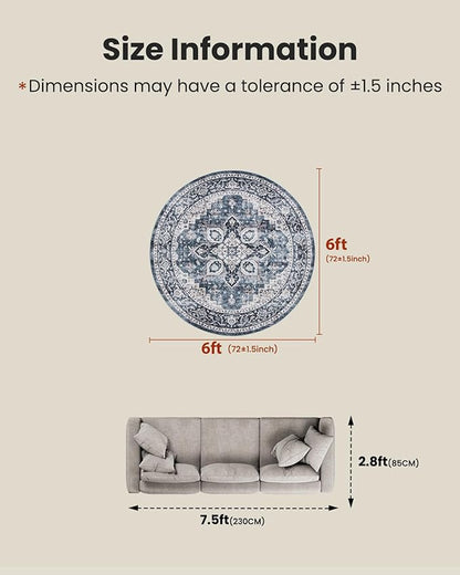 AMADA HOMEFURNISHING Round 6ft Area Rugs, Low-Profile Washable Rug with Non-Slip Backing & Durable Edge Binding, Vintage Rugs for Living Room, Bedroom, Dinning Room