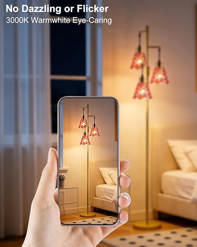 3-Light Modern Glass Floor Lamp, Gold Standing Tall Lamp with Deep Red Pinecone Glass Shade, Dimmable LED Floor Lamp with 5Lbs Heavy Base for Living Room Bedroom Home Decor, Bulb Included