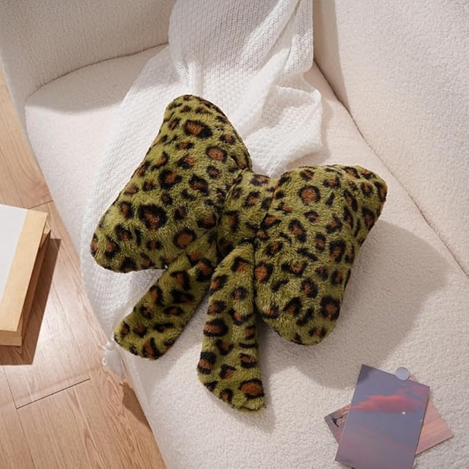 2 Pack Cute Leopard Print Bow Throw Pillows Furry Cheetah Bownote Plush Pillow Decor Bow Lumbar Suffed Pillow for Home Living Room Bedroom Bed Couch Cushion