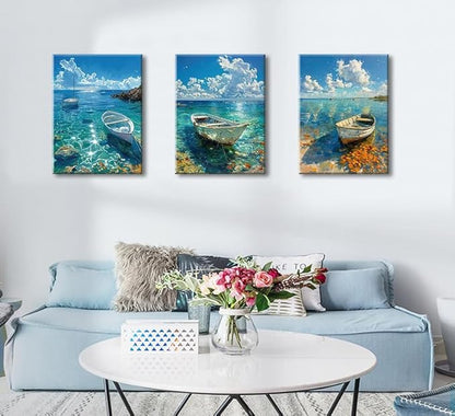 Ocean Seascape Wall Art Nautical Boat on Beach Canvas Picture Framed Art for Wall Beach Blue Paintings Modern Posters Pictures Artwork for Bathroom Living Room Home Decor 16"x24"x3