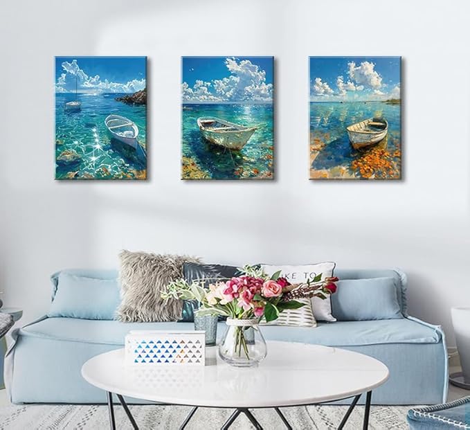 weiyiart Beach Decor Canvas Wall Art Blue Ocean Boat on the Sea Print Painting Coastal Seascape Pictures Artwork for Living Room Bedroom Bathroom Home Decoration Ready to Hang 12"x16"x3pcs