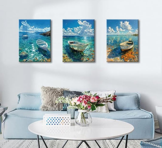 weiyiart Beach Decor Canvas Wall Art Blue Ocean Boat on the Sea Print Painting Coastal Seascape Pictures Artwork for Living Room Bedroom Bathroom Home Decoration Ready to Hang 12"x16"x3pcs