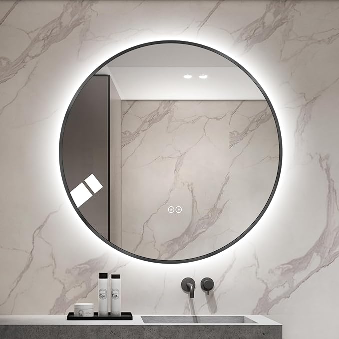 Round LED Bathroom Mirror with Gold Frame, 24V Backlight, 3 Color Temperatures, Dimmable, Memory Function, Defogging (Black Border, 32" L x 32" W)