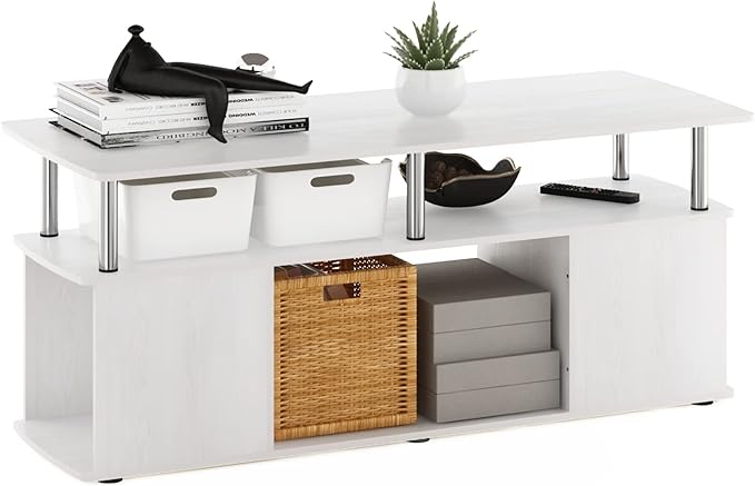Furinno JAYA TV Stand, 3-Tier Entertainment Center with Open Shelf, TV Console for TV up to 50 Inch with Side Open Storage Compartments, for Living Room, Bedroom, White Oak/Stainless Steel Tubes