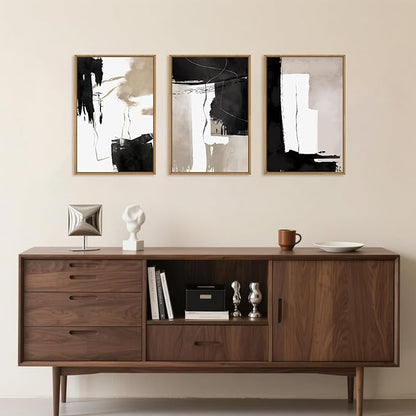 Celestdeco Black White Brown Framed Canvas Wall Art Set, Neutral Geometric Wall Decor, Modern Abstract Wall Painting, Minimalist Artworks for Living Room, Bedroom, Dining Room, Office-24 x36 x3