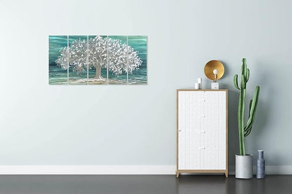 Yihui Arts Tree Of Life Metal Wall Art Handcrafted Aluminum Artwork Teal and Silver Abstract Nature Pictures in 5 Pieces for Living Room Bedroom Bathroom Decor