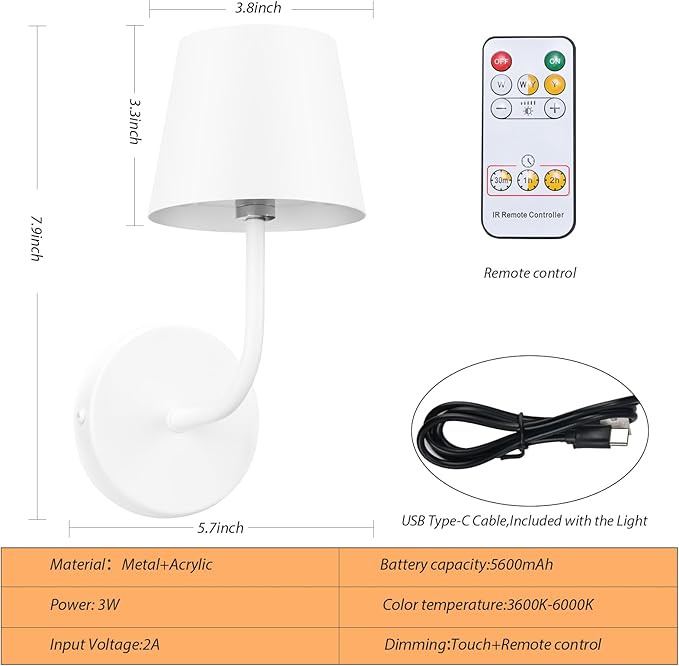 IMQSQIK LED Wireless Wall Lamp Set of 2, with 5600mAh Rechargeable Battery Powered Wall Sconces, Touch for Remote Control Infinite Dimming Be Used for Bedroom Mirror Living Room Wall Painting (White)