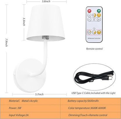 IMQSQIK LED Wireless Wall Lamp Set of 2, with 5600mAh Rechargeable Battery Powered Wall Sconces, Touch for Remote Control Infinite Dimming Be Used for Bedroom Mirror Living Room Wall Painting (White)