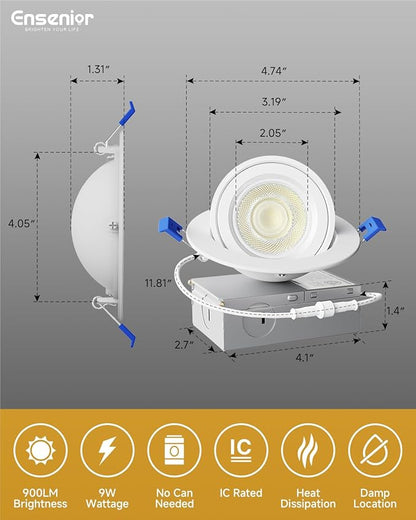 Ensenior 12 Pack 4 inch Gimbal Led Recessed Light, 5CCT 2700K-5000K, 360°+90° Adjustable, Dimmable, Aluminum, CRI90+, 900LM 9W 120V, Eyeball Recessed Lighting, Directional Can Light, ETL&FCC