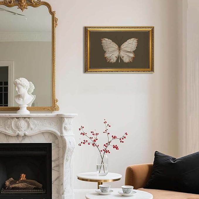 YD&YZY Gold Framed Vintage Wall Art Canvas Classical Butterfly Dark Gray Farmhouse Wall Decor Retro Moody Aesthetic Art Painting Picture Print Artwork Decor for Bedroom Bathroom 16x24 inch Framed