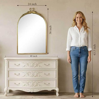 Gold Baroque Vintage Mirror for Vanity 24x35.5Inch Gold Antique with Ornate Frame, Arched Vintage Wall for Bathroom, Living Room, Fireplace, Entryway (Golden (Arched 5), 36"L x 24"W（Vertical ）)