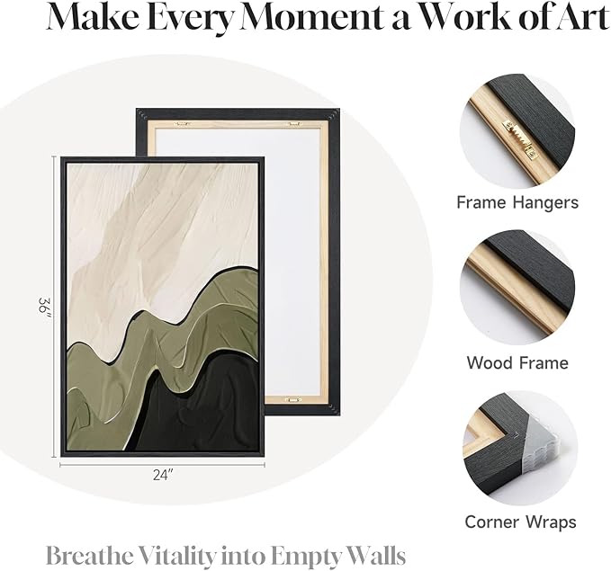 Framed Green Abstract Wall Art for Living Room, 3 Piece Large Neutral Black and Beige Artwork for Walls, Modern Minimalist Abstract Canvas Prints Paintings for Bedroom Home Office Wall Decor, 24x36 In