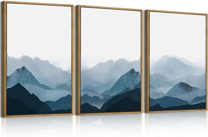 BINCUE Framed Blue Mountain Wall Decor Fog Blue Ridge Mountains Wall Art Minimalist Landscape Artwork Simple Blue Pictures Modern Mountain Wall Paintings for Living Room Bedroom Office 16x24 Inches Set of 3 Gift