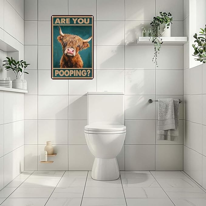 Metal Sign Vintage Sign Highland Cow Are You Pooping Funny Tin Sign for Bathroom Toilet Wall Decor 8x12 Inch