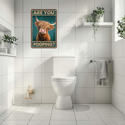 Metal Sign Vintage Sign Highland Cow Are You Pooping Funny Tin Sign for Bathroom Toilet Wall Decor 8x12 Inch