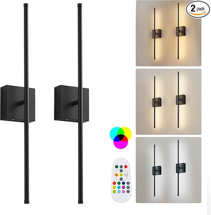 KARTOOSH 32.2 Inch 9 RGB Color Battery Operated Wireless Wall Sconces Set of Two, with Remote, Dimmable, Warm/Natural White/Daylight, Rotatable, LED Wall Light for Living Room, Bedroom, Black