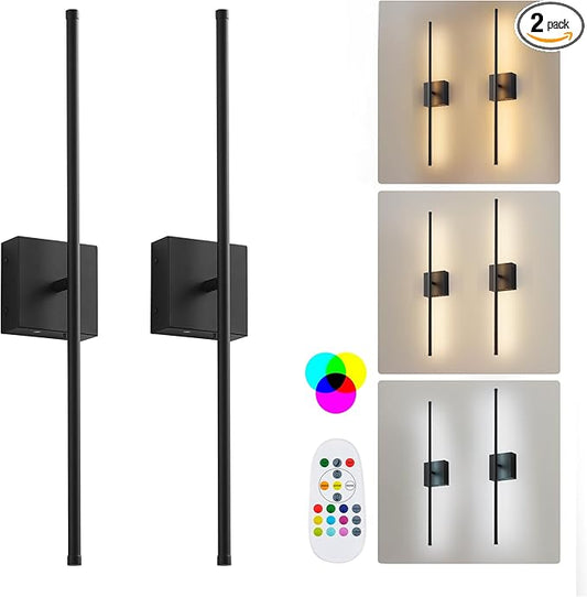 KARTOOSH 32.2 Inch 9 RGB Color Battery Operated Wireless Wall Sconces Set of Two, with Remote, Dimmable, Warm/Natural White/Daylight, Rotatable, LED Wall Light for Living Room, Bedroom, Black