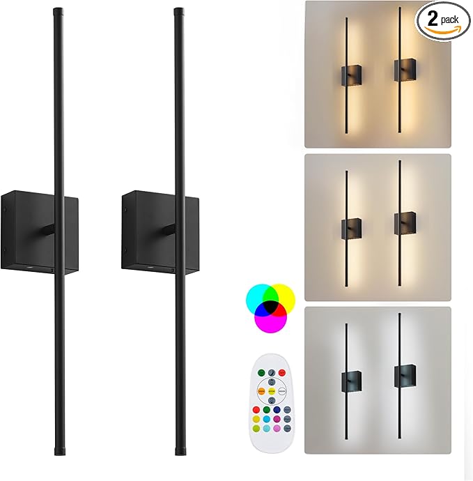 KARTOOSH 24.4 Inch 9 RGB Color Battery Operated Wireless Wall Sconces Set of Two, with Remote, Dimmable, Warm/Natural White/Daylight, Rotatable, LED Wall Light for Living Room, Bedroom, Black