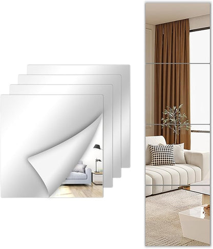 Stick on Small Mirror for Wall Decor,4 Pack 13.8”x13.8” Acrylic Mirror Tiles, Plastic Non Glass Sticky Kids Safety Toddler Mirrors, Shatterproof Mirrors Sheet for Bedroom Closet