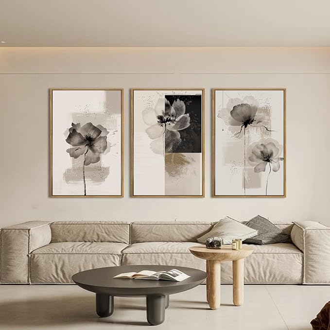 IARTTOP Oversized Framed Black Abstract Neutral Wall Art 24x36 Inch Large Modern Beige Gray Floral Canvas Wall Decor Minimalist White Flower Art Prints for Living room Bedroom Set of 3