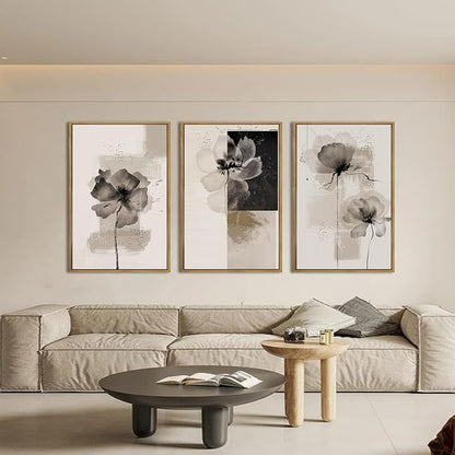 IARTTOP Oversized Framed Black Abstract Neutral Wall Art 24x36 Inch Large Modern Beige Gray Floral Canvas Wall Decor Minimalist White Flower Art Prints for Living room Bedroom Set of 3