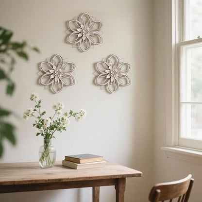 Remenna Metal & Wood Flowers Wall Decor, Rustic Wall Art Decoration Farmhouse Wall Decorations Multiple Floral Hanging Decor for Bathroom Living Room Home Office Garden Kitchen White 12inch