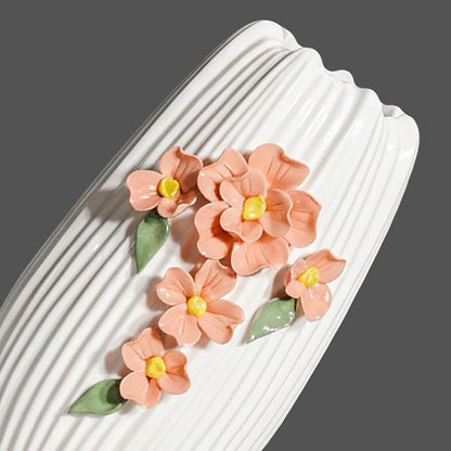 9 Inch White Flower Vase for Table, Modern Boho Ceramic Vases Home Decor, 3D Floral Textured Vase for Pampas Grass, Kitchen, Table, Bathroom, Fireplace Decor